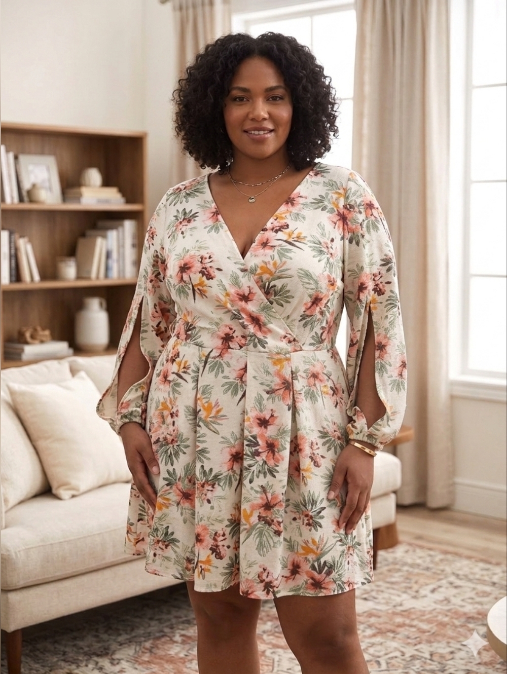 Floral V-Neck Short Romper in Cream